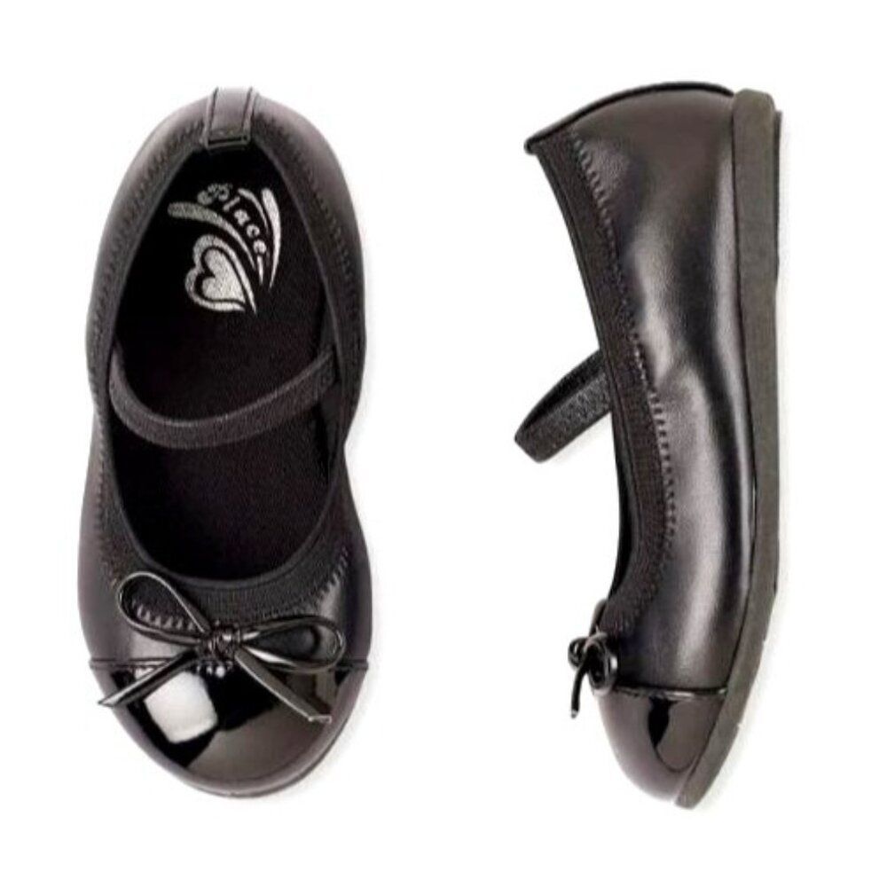 Baby Girls' Black Ballet Flats With Bow & Elastic Strap Size 4